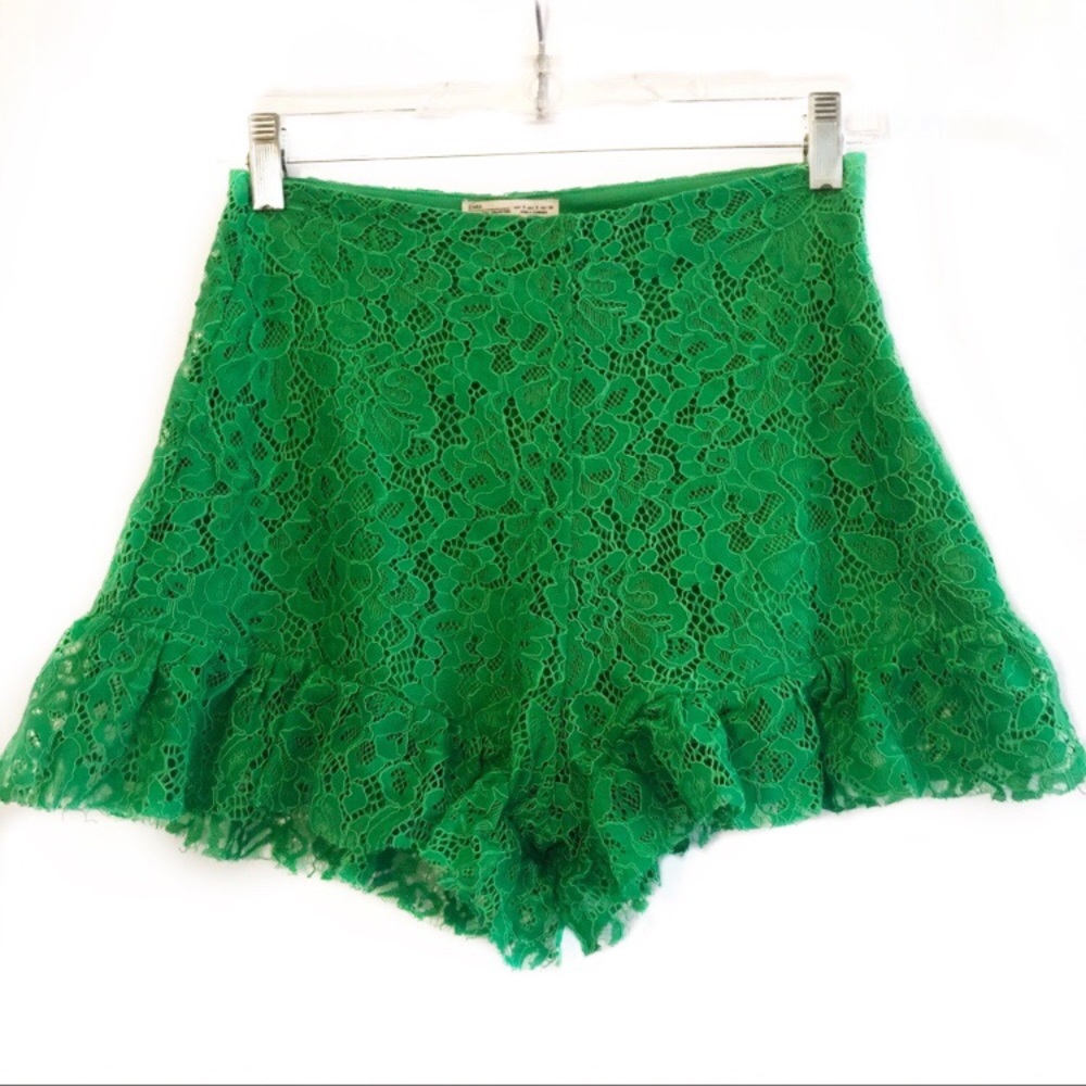 Zara High Waisted Lace Frill Shorts Green